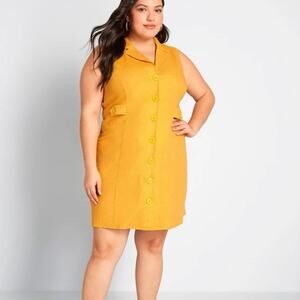 ModCloth Coasting Along Yellow Linen Sleeveless Button Down Shift Dress Size 14